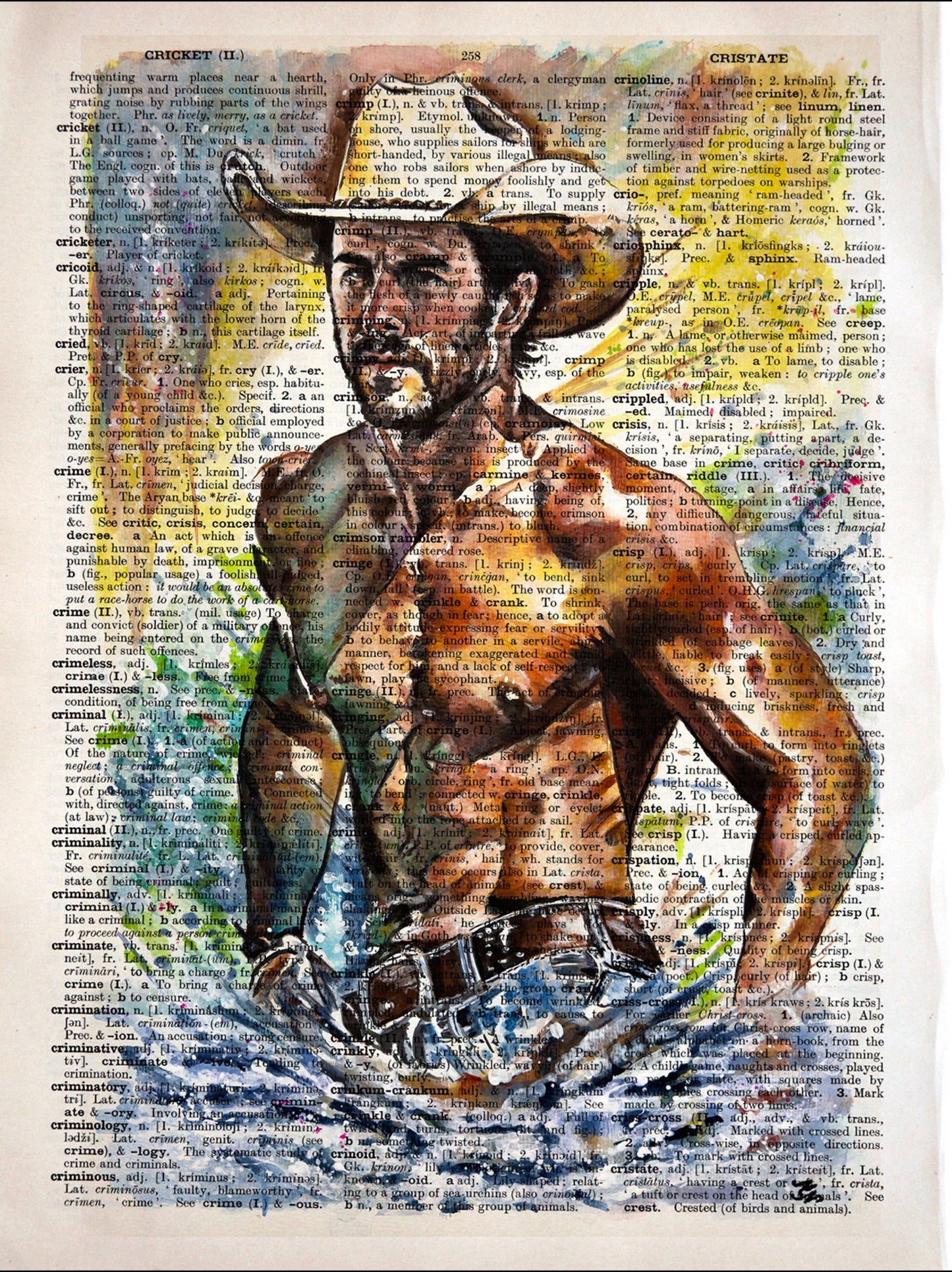 The artwork "Rugged Waters" portrays a dramatic water landscape on an authentic vintage dictionary page.