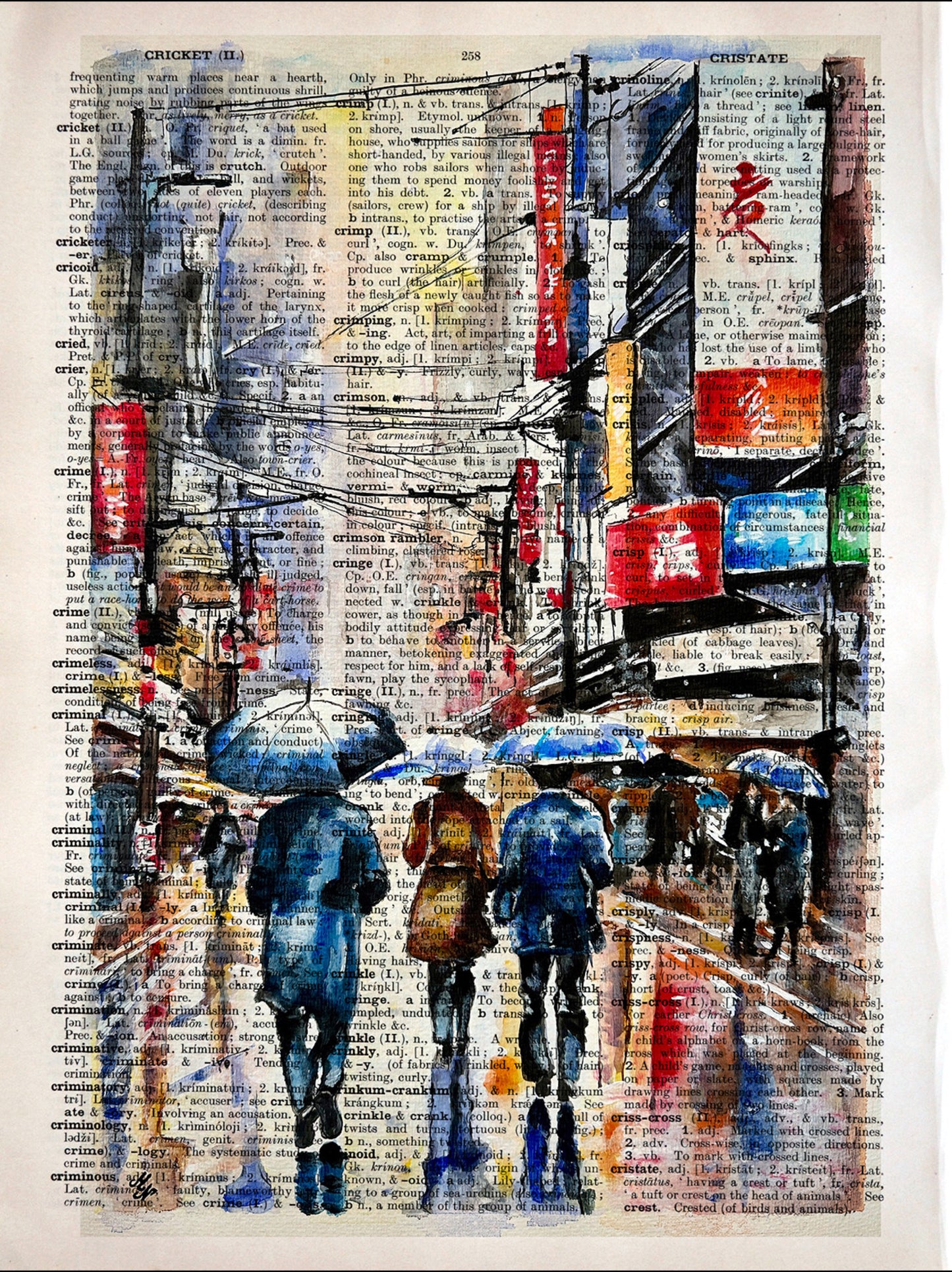"Tokyo in the Rain" by Misty Lady (Malgorzata Nierobisz) on the vintage page: Digital art featuring Tokyo's rainy streets, created on a repurposed vintage English dictionary page with delicate brushstrokes.