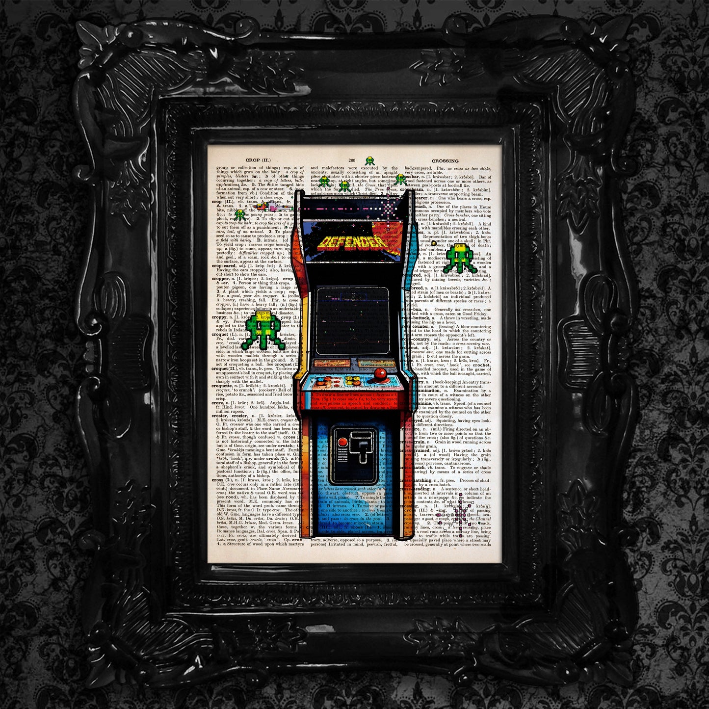 "Retro Games - Defender" showcases a classic arcade machine with game elements escaping into the real world, printed on a vintage dictionary page.