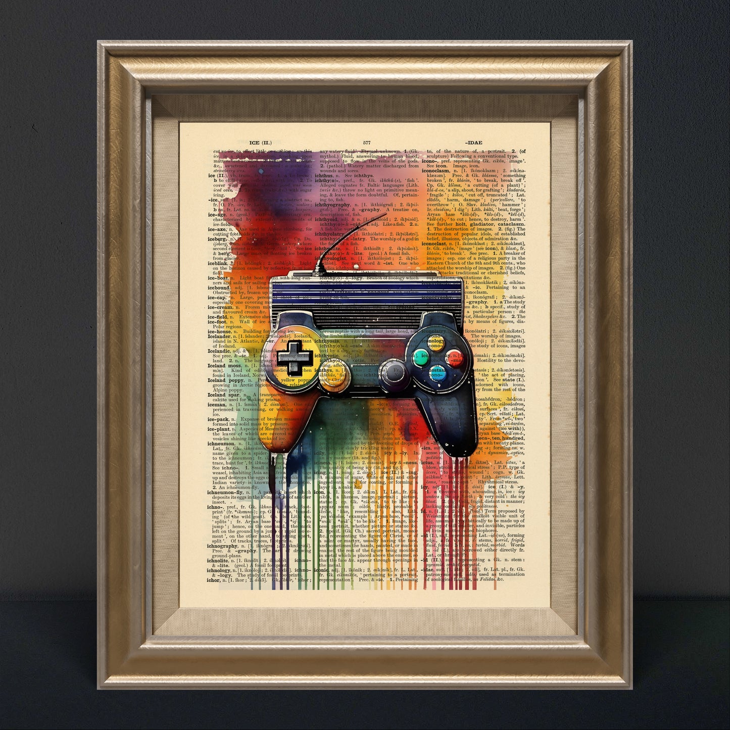 Colourful gamepad artwork with a paint-drip effect, on a 1930s upcycled dictionary page.