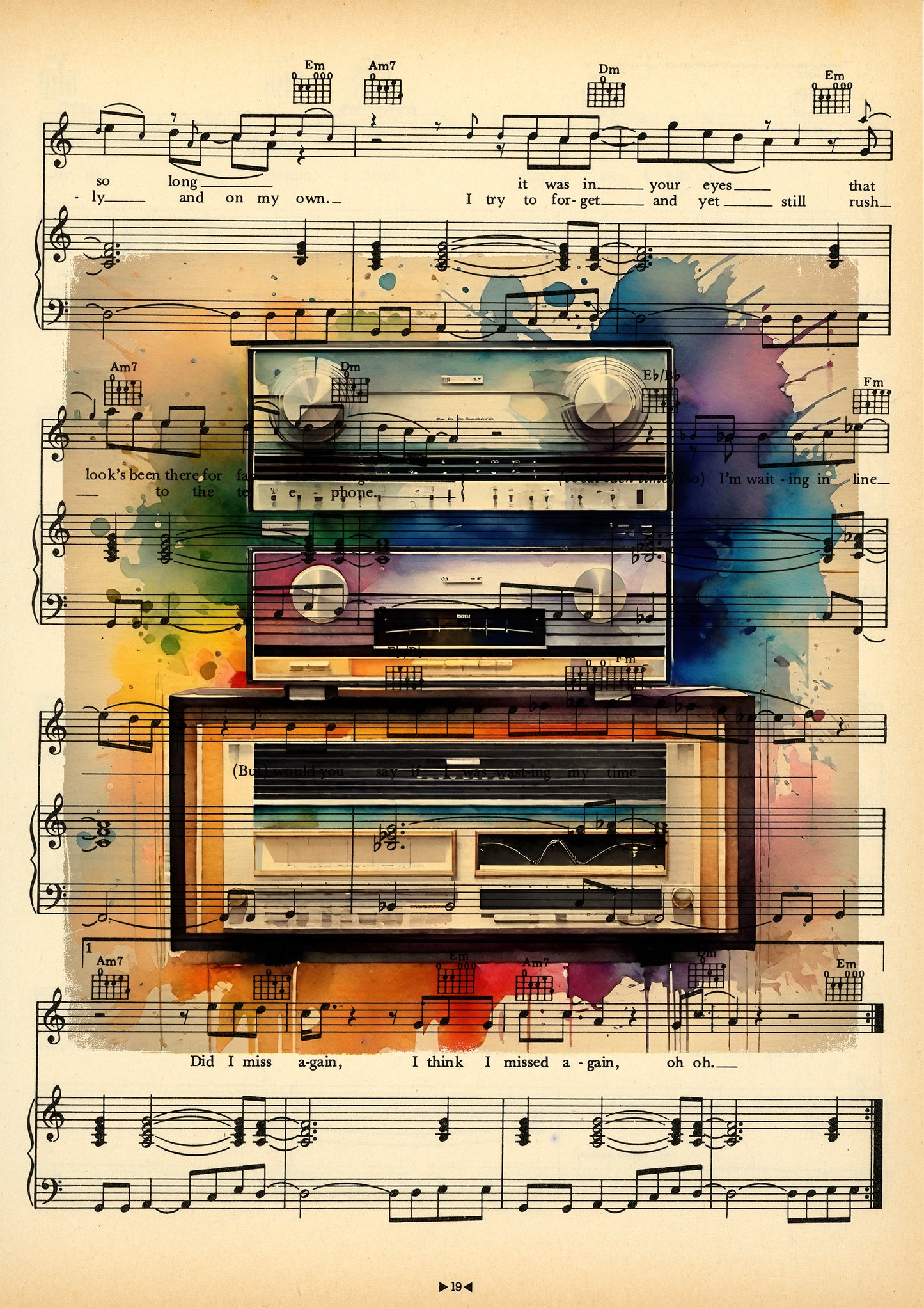 "HiFi Retro Audio Stack 5" by Jakub DK offers 150 unique prints, blending iconic audio elements with vintage musical notations.