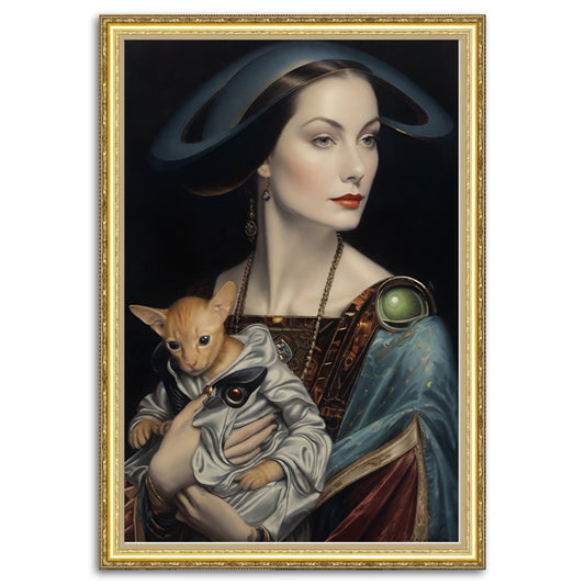 "Lady with a Cat" digital painting of a Renaissance woman and her feline companion.