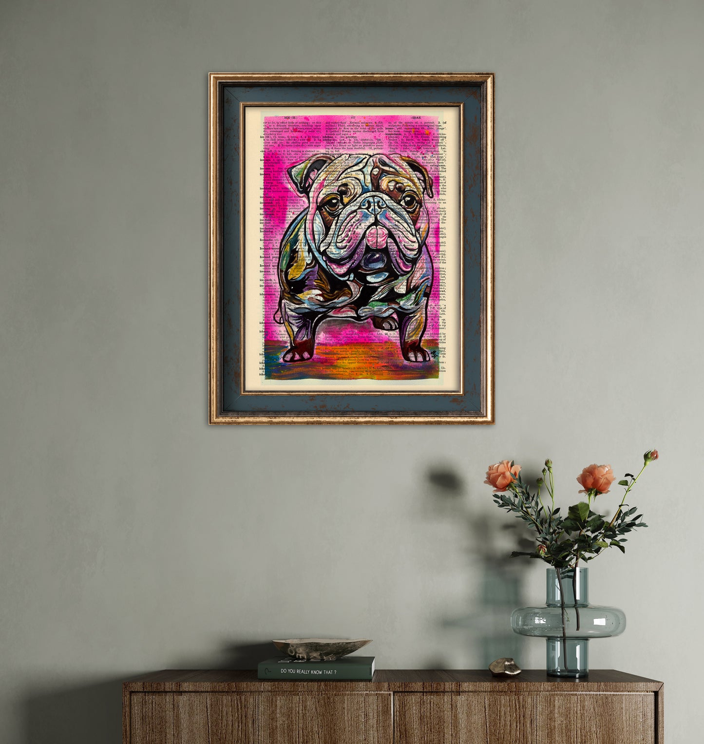 This limited edition print of The Funny Dog brings humor and creativity to life, digitally created on a vintage upcycled English dictionary page.