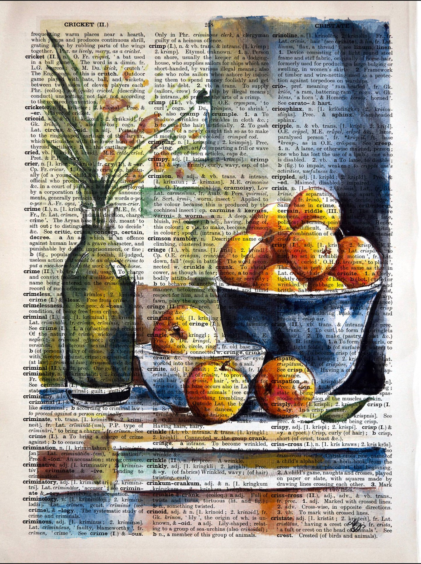 "Peaches" on the Vintage Page: Balance and peace with flowers and peaches on upcycled vintage dictionary paper.