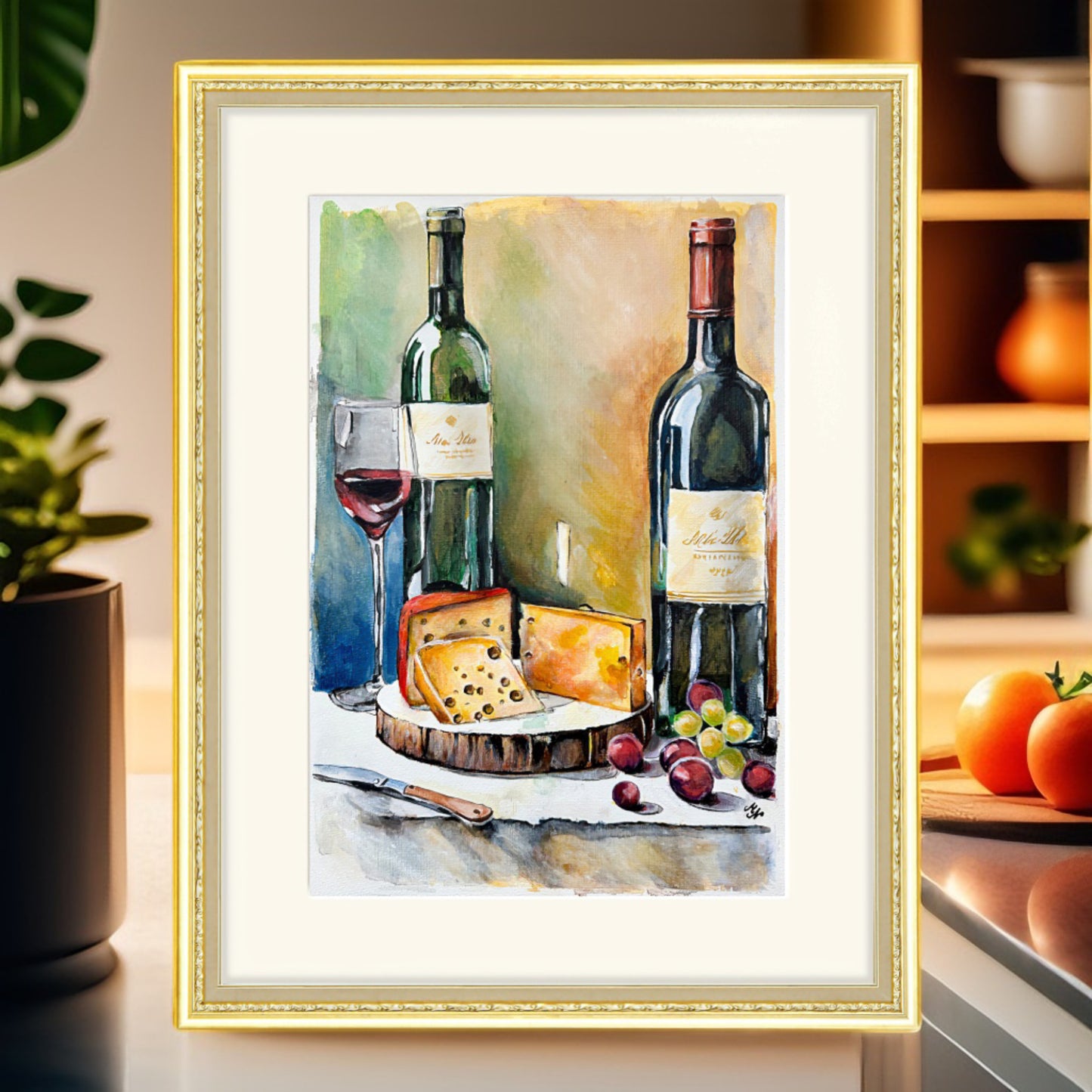 Artistic portrayal of cheese and wine