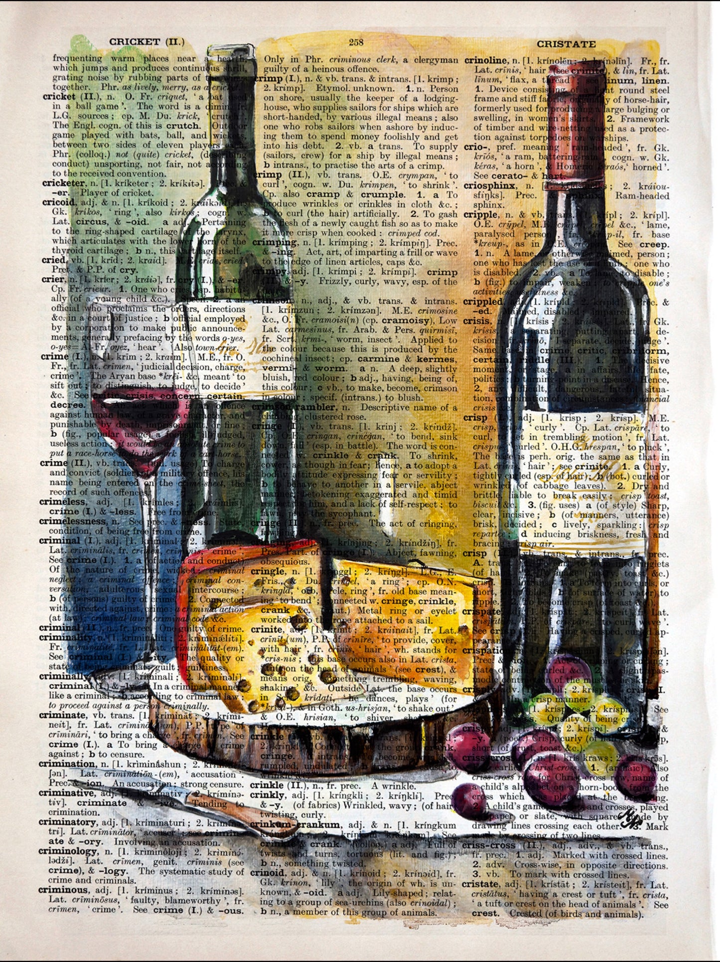 "Cheese and Wine" on the vintage page: Still life art of cheese and wine created on an upcycled vintage dictionary page.