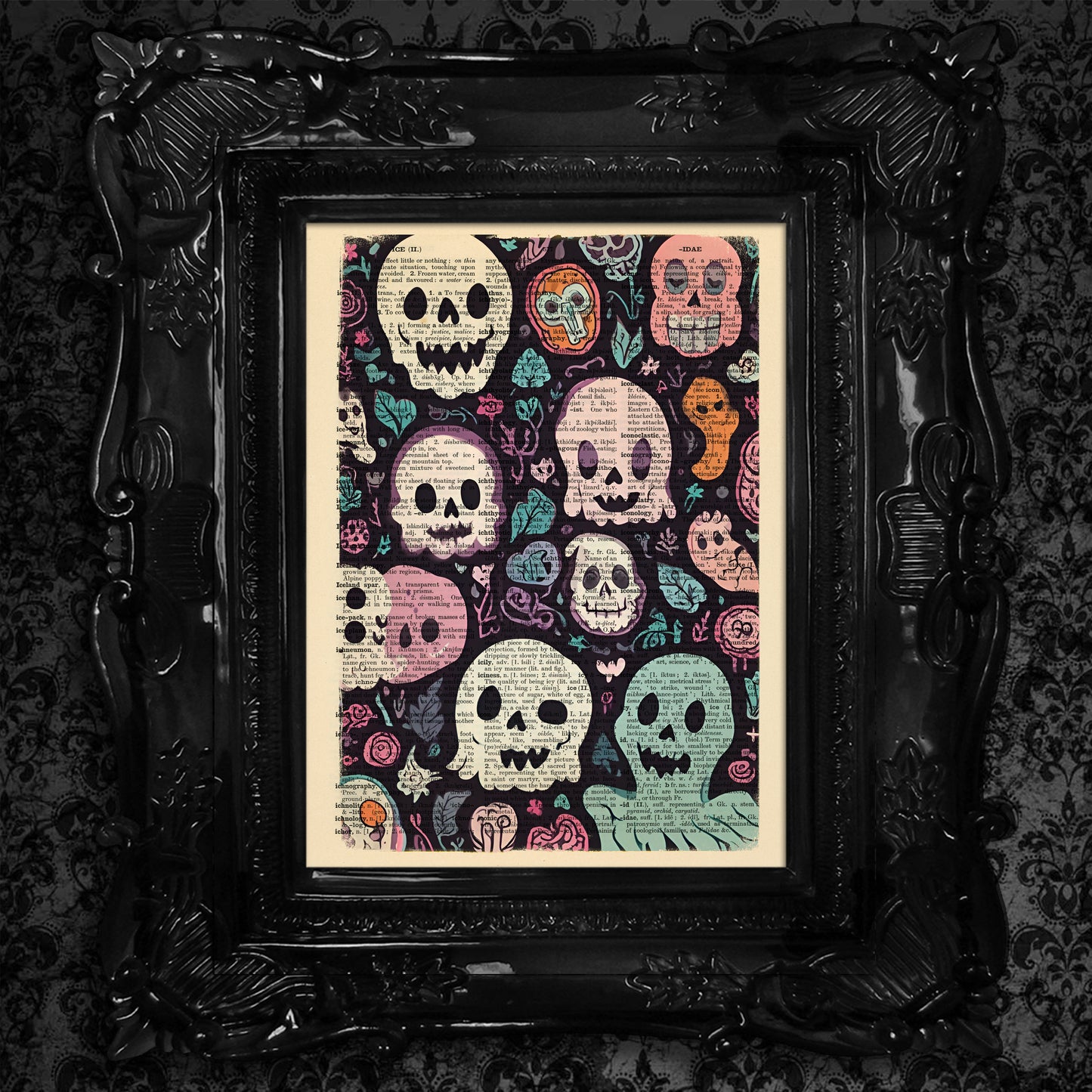 Hauntingly Playful Prints - "Ghosty Faces." Limited edition prints featuring digital artwork of ghosts, skulls, and floral motifs. Printed on vintage dictionary pages for a whimsical and slightly creepy look.