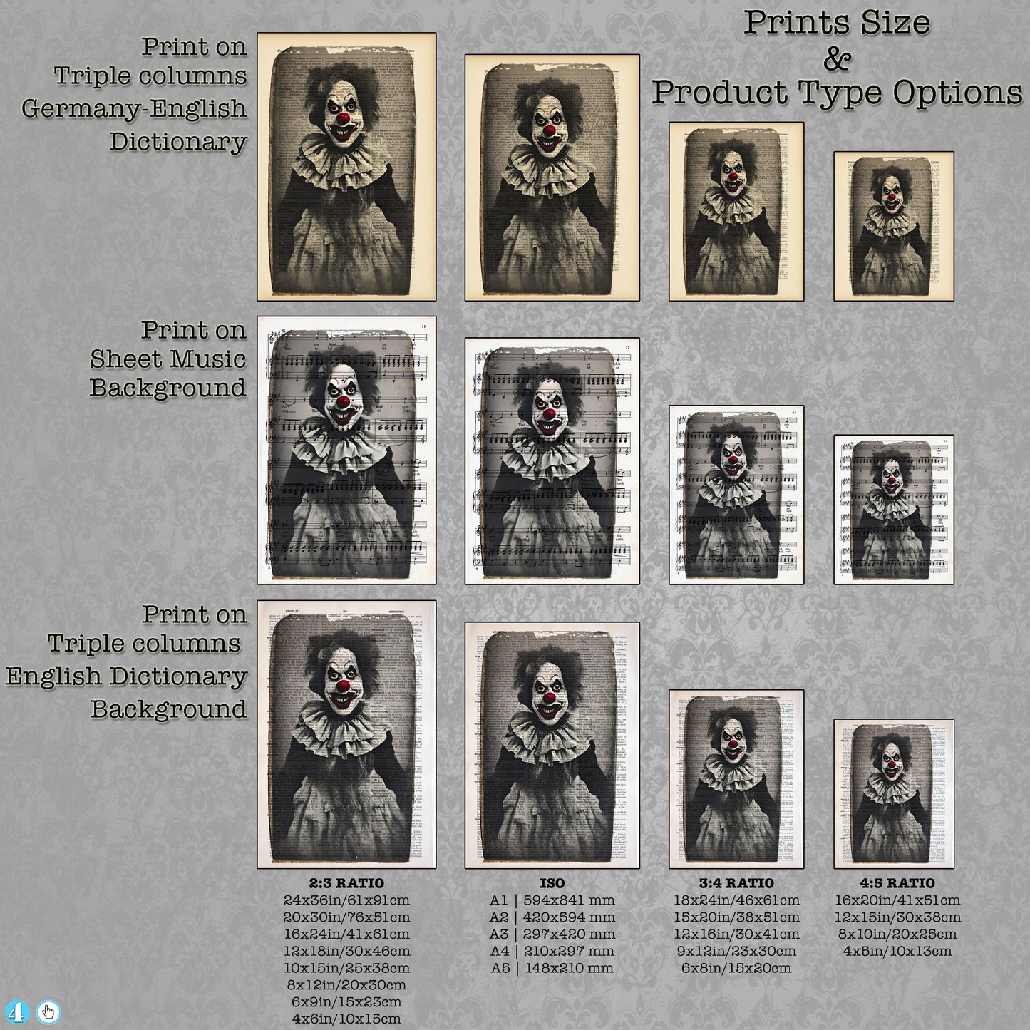 Spooky Clown - Victorian Gothic Art on Vintage Dictionary Page - ArtCursor