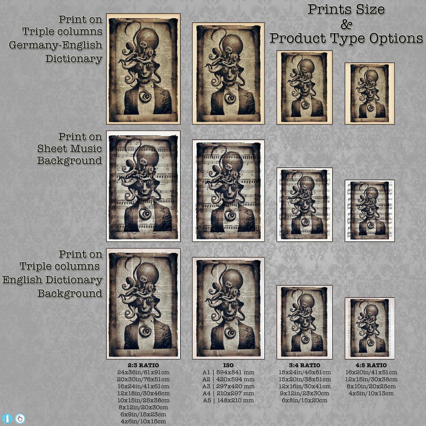 Headman Kraken - Victorian Gothic Art on Vintage Dictionary Page - ArtCursor