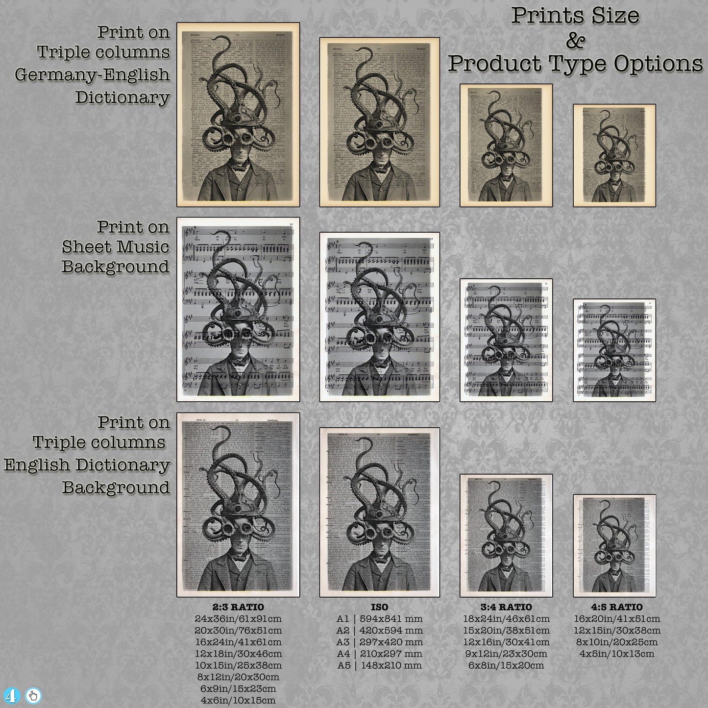 The Dreaded Octo-Men - Victorian Gothic Art on Vintage Dictionary Page - ArtCursor