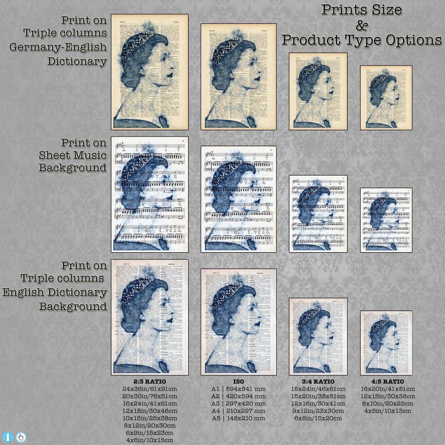 Queen Elizabeth II Blue Pen 1 Art Poster on Vintage Dictionary Page - ArtCursor