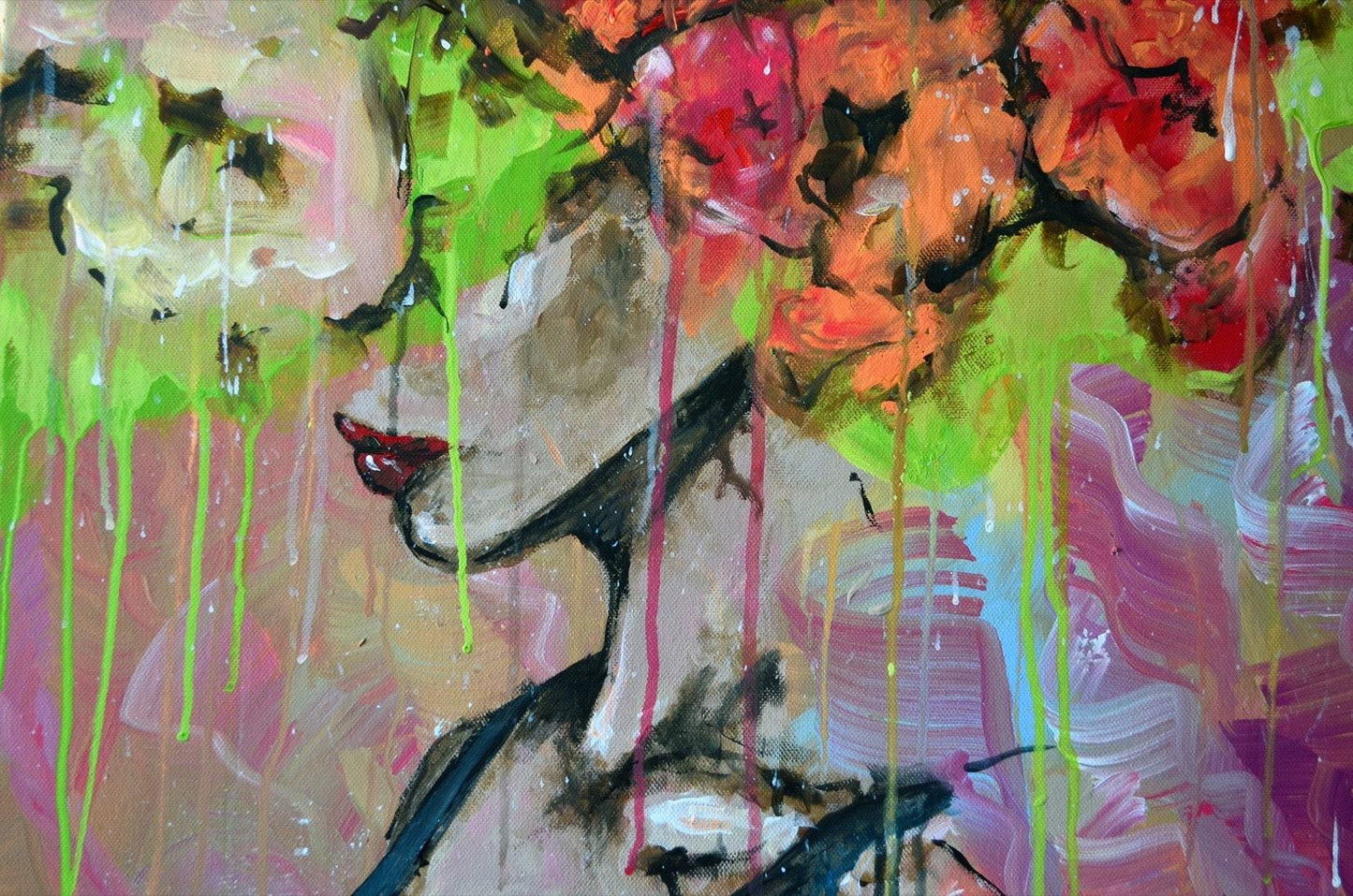 Floral Abstract Art for Home Decor - Original and one-of-a-kind large canvas painting with vibrant flowers and expressive brushwork by Jakub DK.