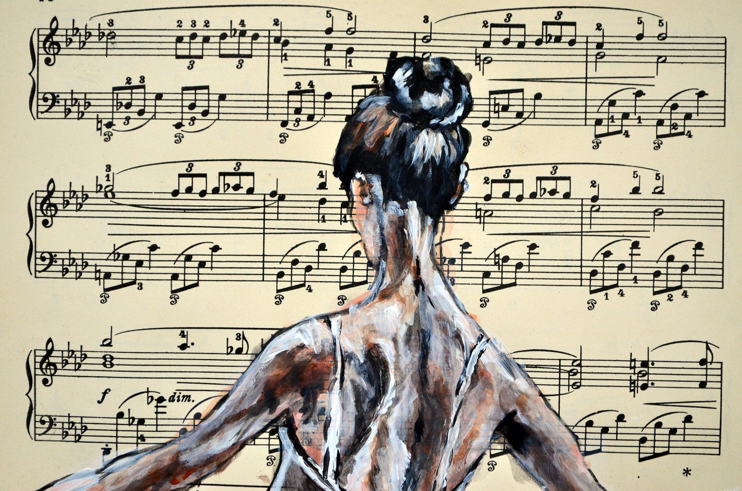 Framed Ballerina XVII - Original Painting on Vintage Sheet Music Page - ArtCursor