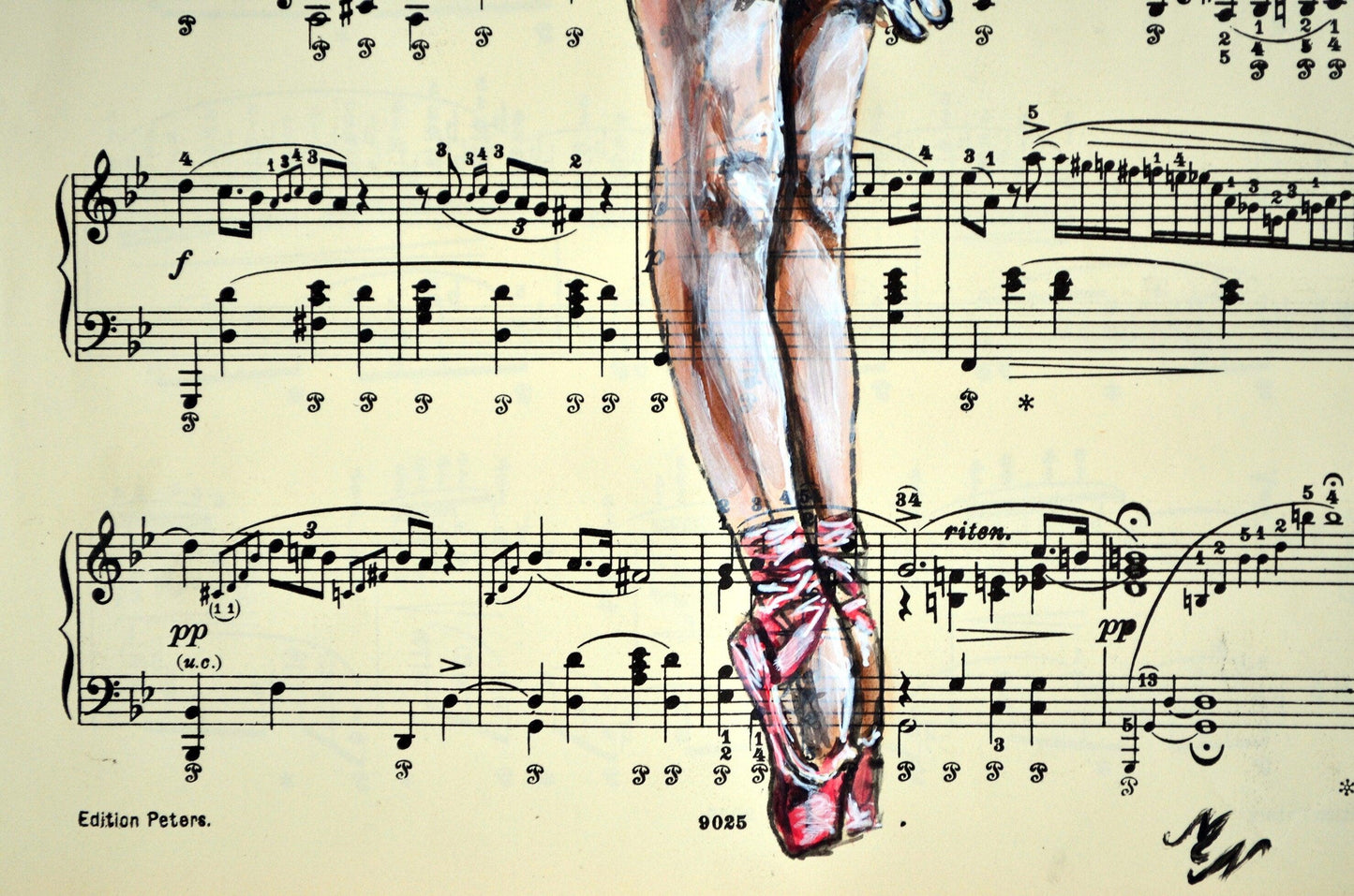 Framed Ballerina XXIX - Original Painting on Vintage Sheet Music Page - ArtCursor