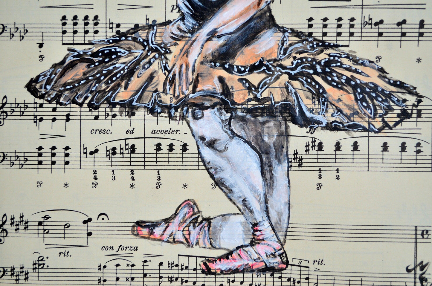 Framed Ballerina XXXV - Original Painting on Vintage Sheet Music Page - ArtCursor