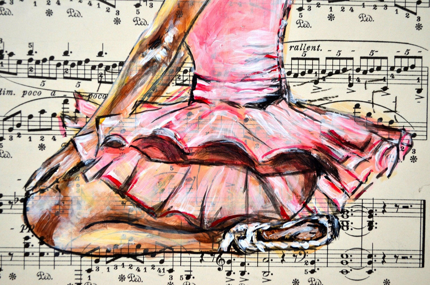 Framed Ballerina L - Original Painting on Vintage Sheet Music Page - ArtCursor