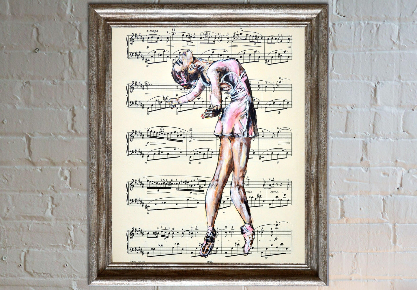 Framed Ballerina XLIV - Original Painting on Vintage Sheet Music Page - ArtCursor