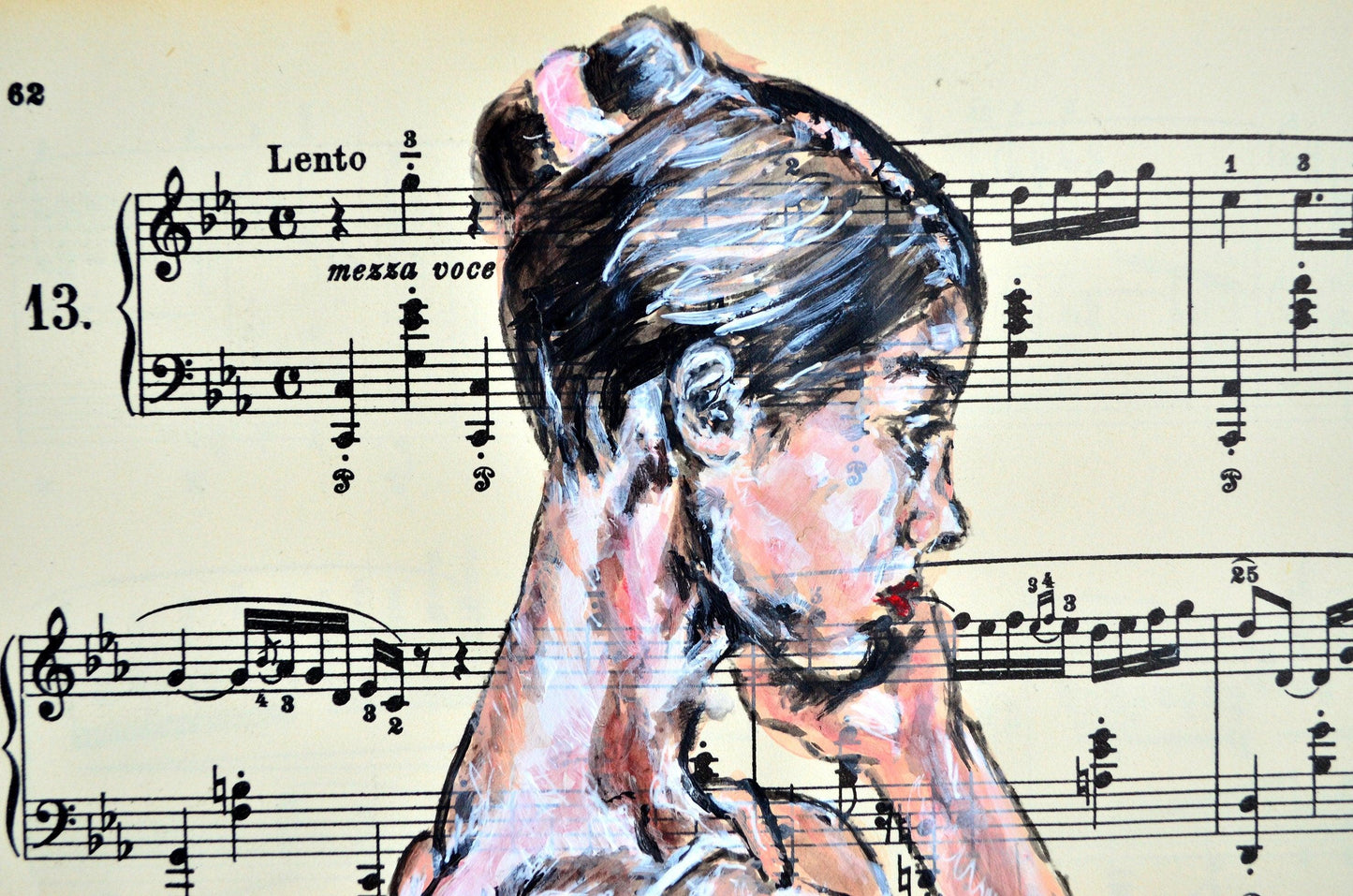Framed Ballerina XXIV - Original Painting on Vintage Sheet Music Page - ArtCursor
