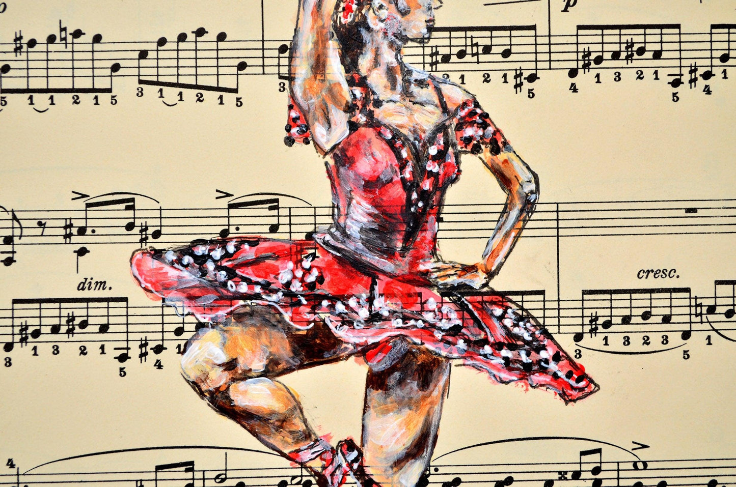 Framed Ballerina XXXIX - Original Painting on Vintage Sheet Music Page - ArtCursor