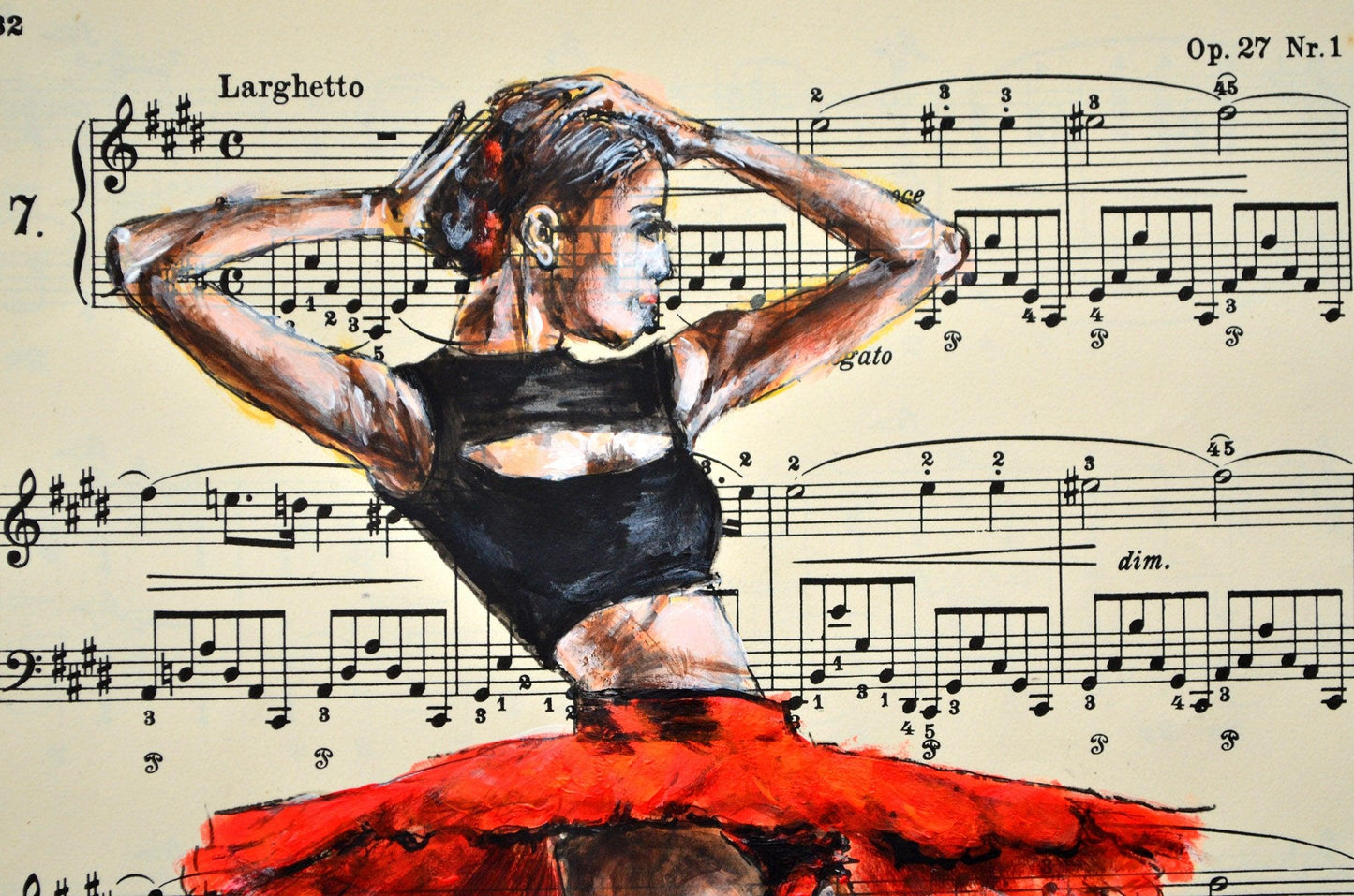 Framed Ballerina XLVII - Original Painting on Vintage Sheet Music Page - ArtCursor