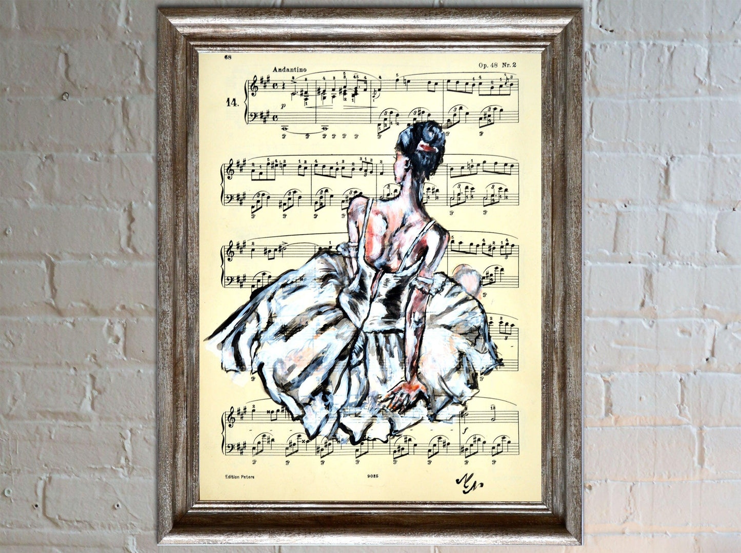 Framed Ballerina XVI - Original Painting on Vintage Sheet Music Page - ArtCursor