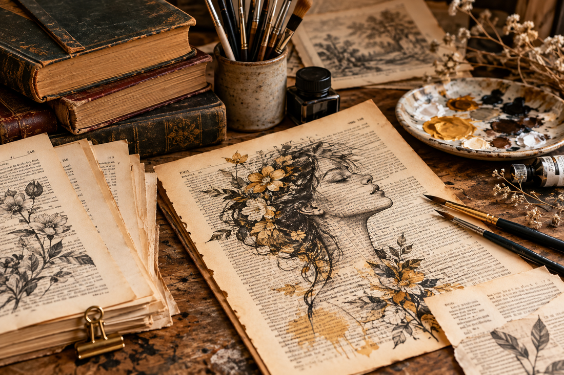 Vintage book pages, artist brushes and mixed-media artwork on an old printed page