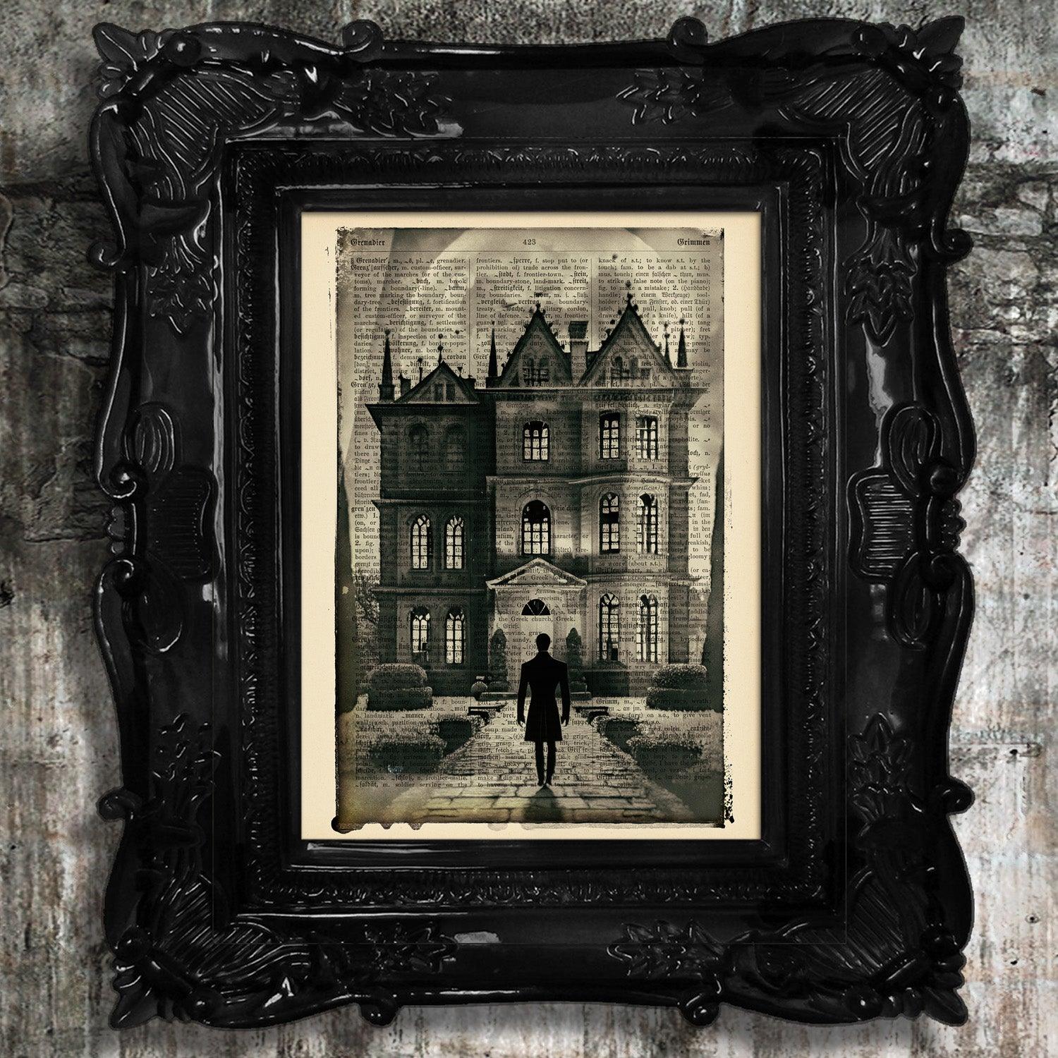 Moonlit Manor - Victorian Gothic Art on Vintage Dictionary Page - ArtCursor