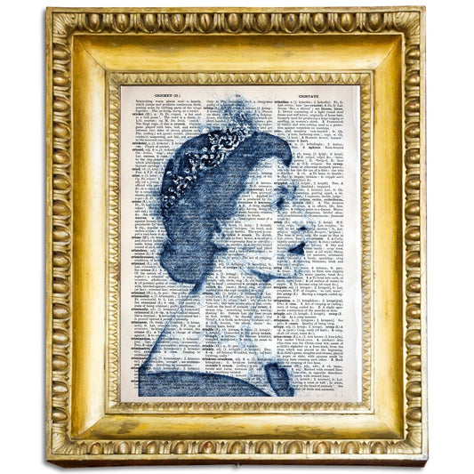 Queen Elizabeth II Blue Pen 1 Art Poster on Vintage Dictionary Page - ArtCursor