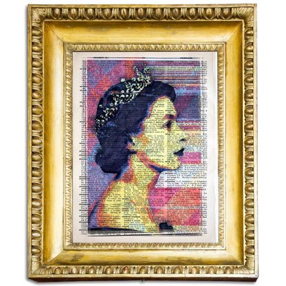 Queen Elizabeth II Digital Lines Art Poster on Vintage Dictionary Page - ArtCursor