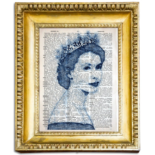 Queen Elizabeth II Blue Pen 2 Art Poster on Vintage Dictionary Page - ArtCursor