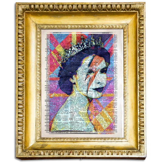 Queen Elizabeth II Ziggy Stardust Makeup on Vintage Dictionary Page - ArtCursor