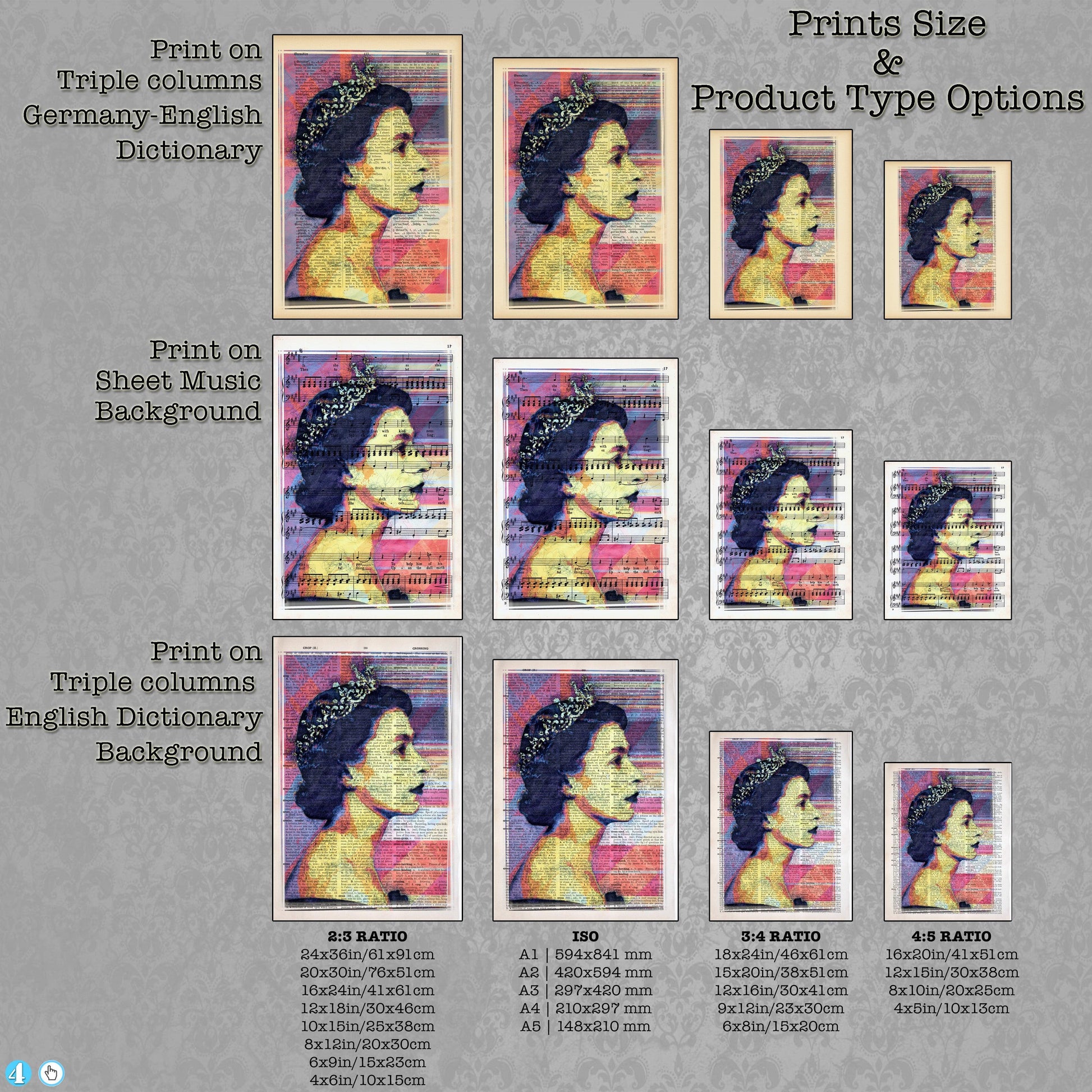 Queen Elizabeth II Digital Lines Art Poster on Vintage Dictionary Page - ArtCursor