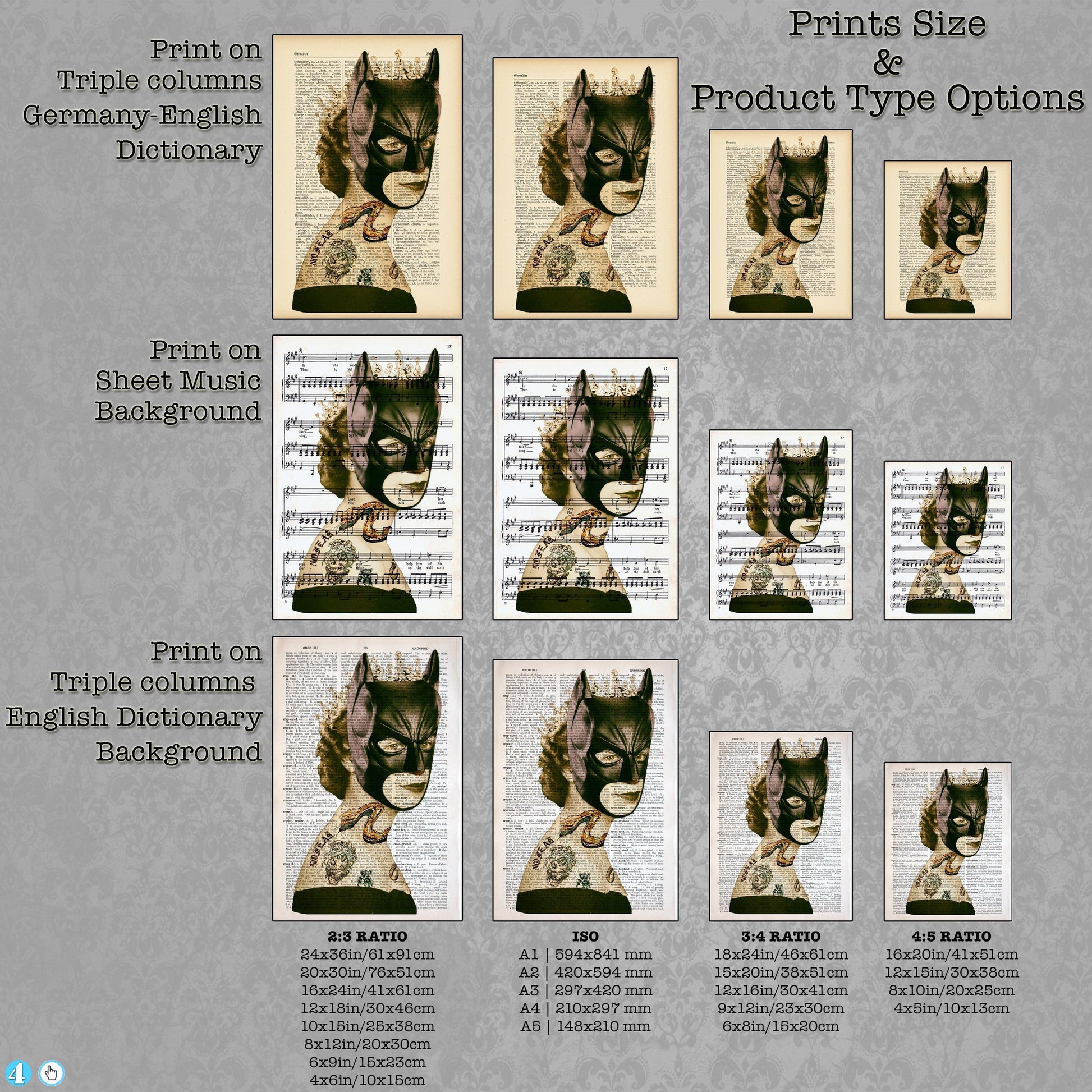 Queen Elizabeth II Batman Mask Art Poster on Vintage Dictionary Page - ArtCursor