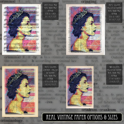 Queen Elizabeth II Digital Lines Art Poster on Vintage Dictionary Page - ArtCursor