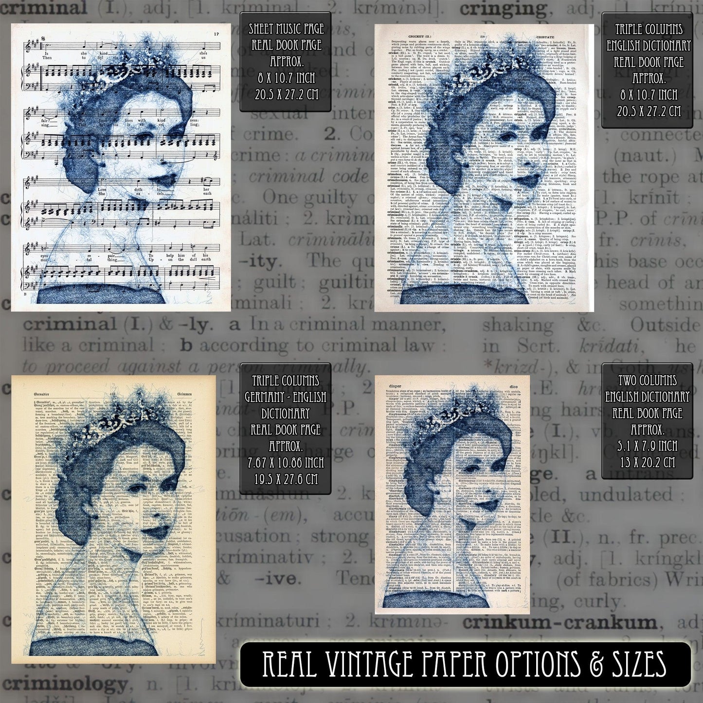 Queen Elizabeth II Blue Pen 2 Art Poster on Vintage Dictionary Page - ArtCursor