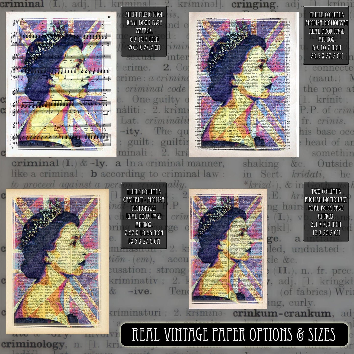 Queen Elizabeth II Union Jack 2 Art Poster on Vintage Dictionary Page - ArtCursor