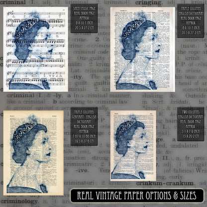 Queen Elizabeth II Blue Pen 1 Art Poster on Vintage Dictionary Page - ArtCursor