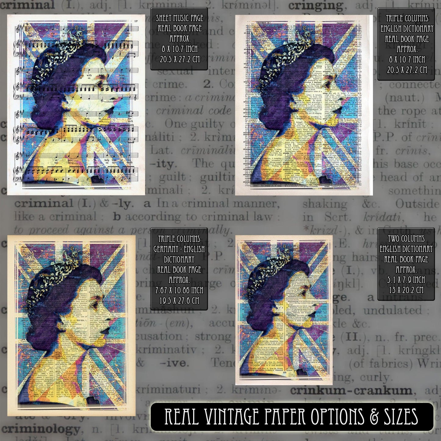 Queen Elizabeth II Union Jack Art Poster on Vintage Dictionary Page - ArtCursor