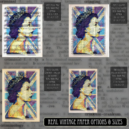 Queen Elizabeth II Union Jack Art Poster on Vintage Dictionary Page - ArtCursor