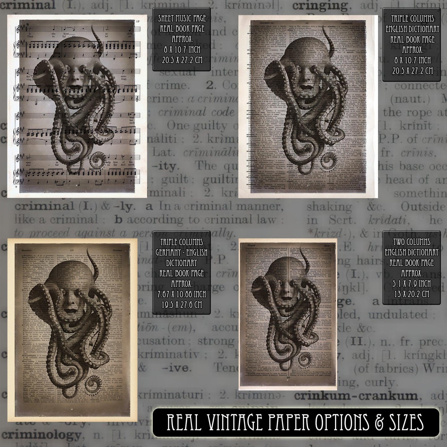 The Tentacle Tribe - Victorian Gothic Art on Vintage Dictionary Page - ArtCursor
