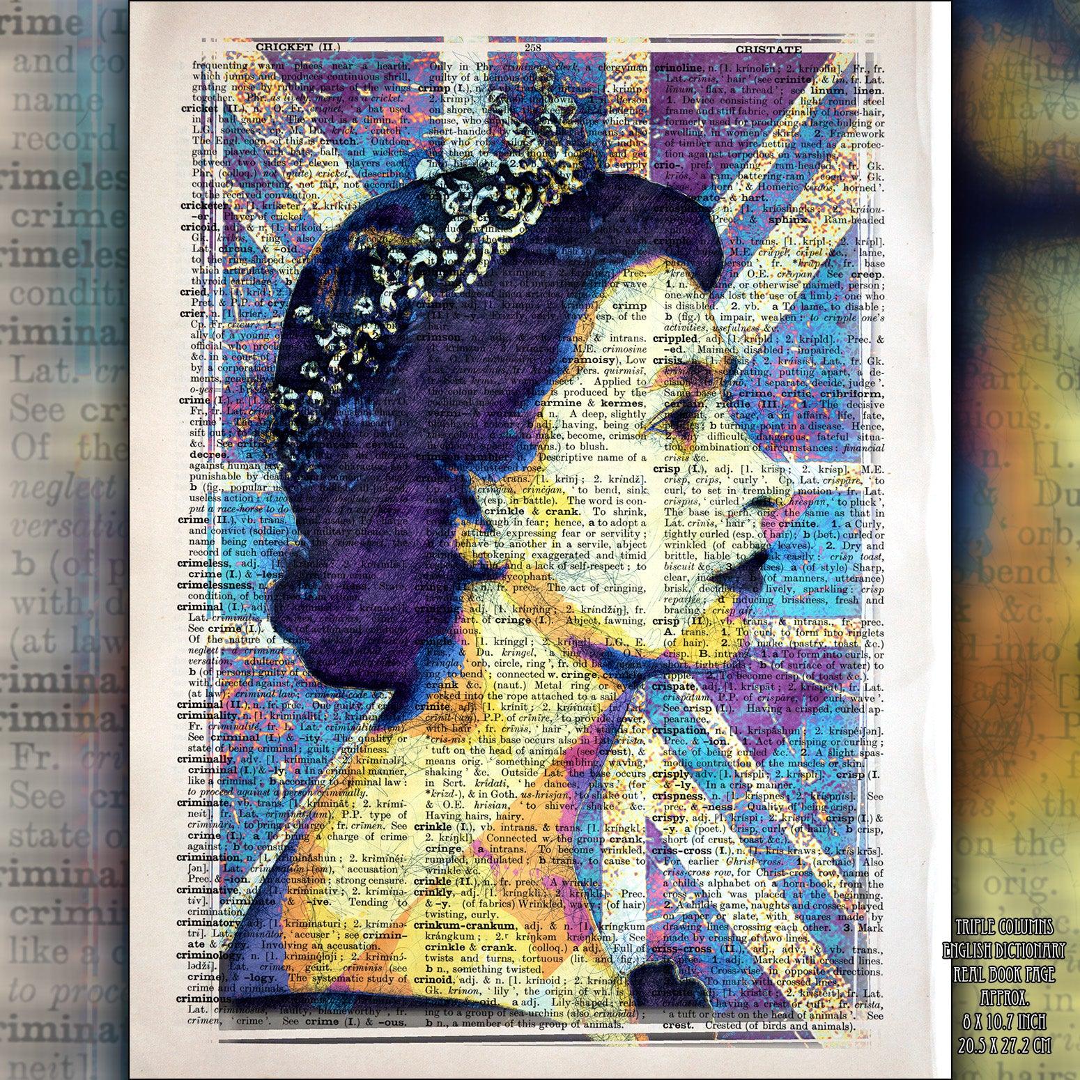 Queen Elizabeth II Union Jack Art Poster on Vintage Dictionary Page - ArtCursor