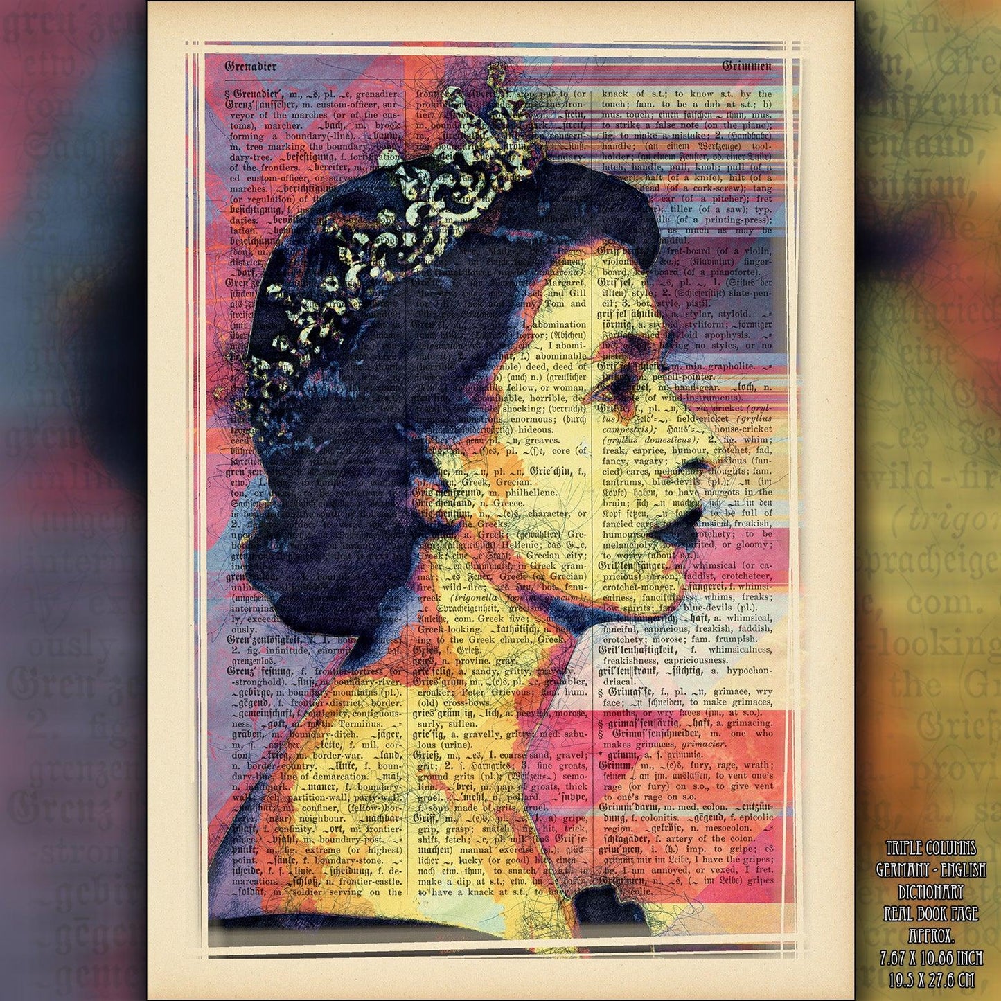 Queen Elizabeth II Digital Lines Art Poster on Vintage Dictionary Page - ArtCursor