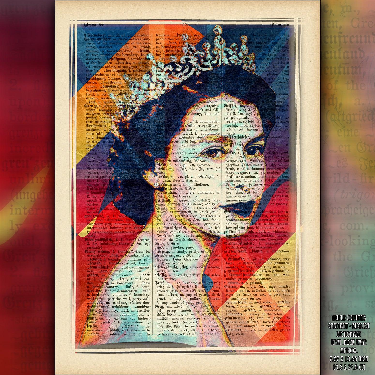 Queen Elizabeth II Union Jack 3 Art Poster on Vintage Dictionary Page - ArtCursor