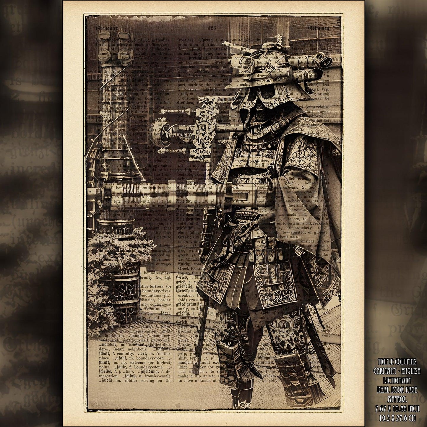 Steam-powered Samurai: A Vintage Fantasy - Victorian Gothic Art on Vintage Dictionary Page - ArtCursor
