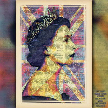 Queen Elizabeth II Union Jack 2 Art Poster on Vintage Dictionary Page - ArtCursor