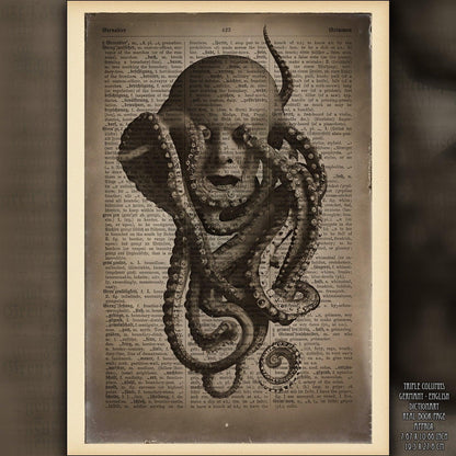 The Tentacle Tribe - Victorian Gothic Art on Vintage Dictionary Page - ArtCursor
