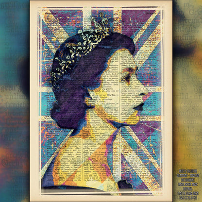 Queen Elizabeth II Union Jack Art Poster on Vintage Dictionary Page - ArtCursor