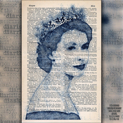 Queen Elizabeth II Blue Pen 2 Art Poster on Vintage Dictionary Page - ArtCursor