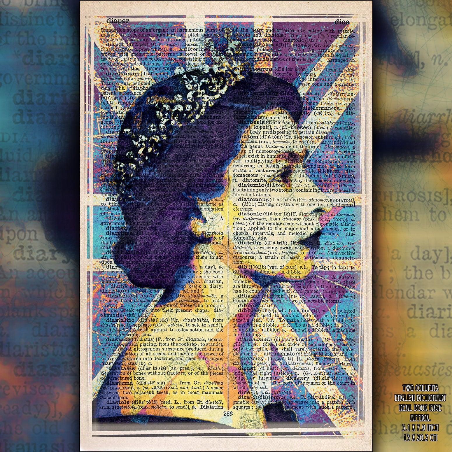 Queen Elizabeth II Union Jack Art Poster on Vintage Dictionary Page - ArtCursor