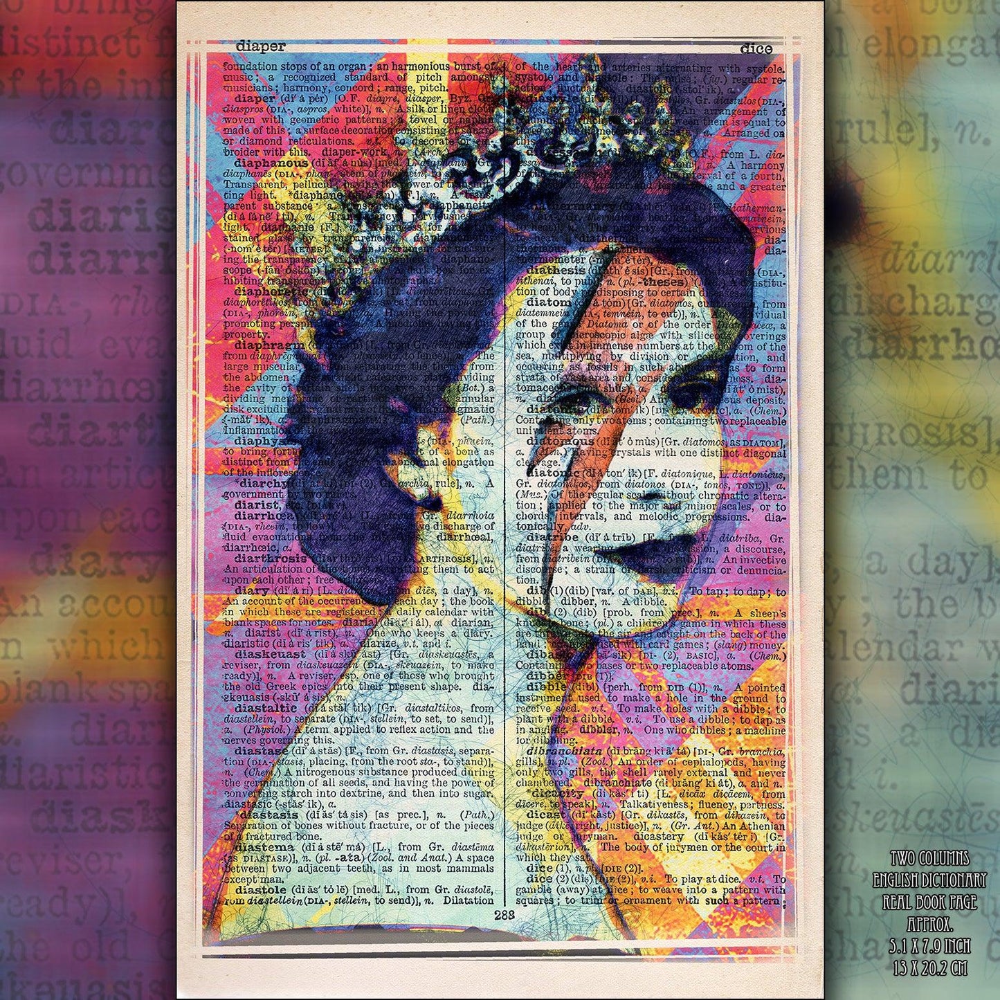Queen Elizabeth II Ziggy Stardust Makeup on Vintage Dictionary Page - ArtCursor